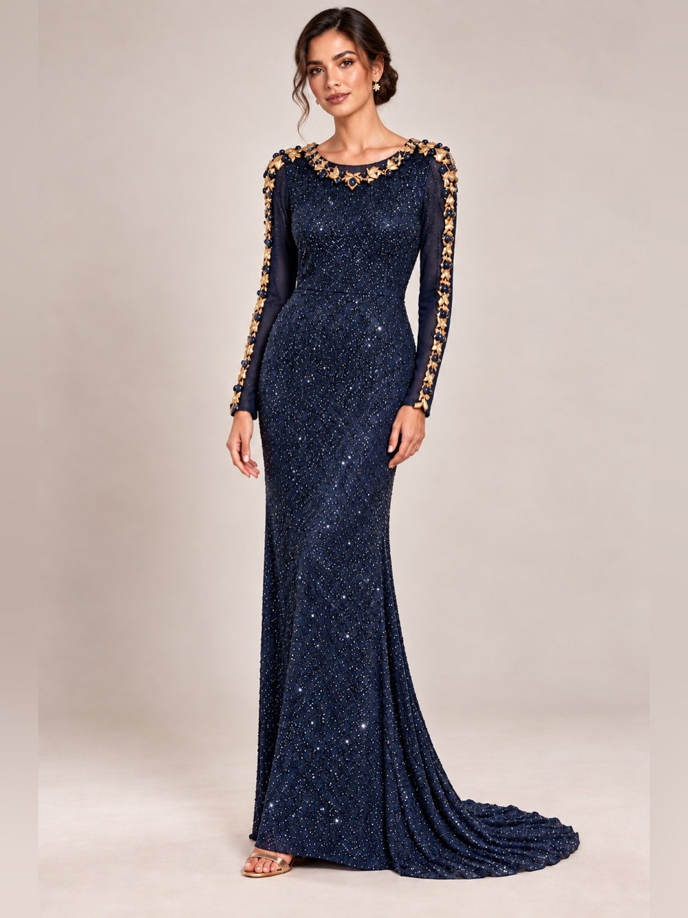Jenny Packham Dark Navy Blue Embellished Long Sleeve Designer Evening Gown